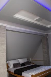 Posto letto in camera con soffitto di Feher Akac Guest House a Palić