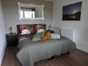 1 dormitorio con cama con almohadas y espejo en Bed & Breakfast Boszicht Leeuwarden, en Leeuwarden