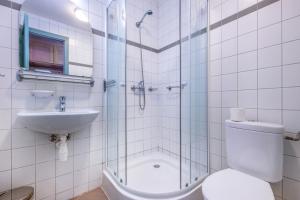 ein Bad mit einer Dusche, einem WC und einem Waschbecken in der Unterkunft Zsóry Liget Vendégház in Mezőkövesd