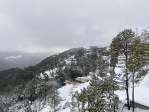 pokryte śniegiem wzgórze z drzewami i budynkami w obiekcie AK Hotel & Suites w mieście Murree