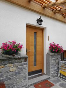 een voordeur van een huis met twee potbloemen bij Chalet Gaspard in Valtournenche