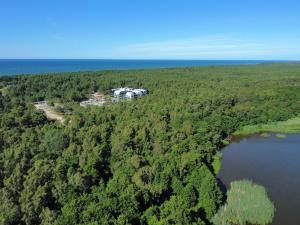 an aerial view of a house in the woods next to a lake at Apartament 23 w Porto Łeba in Łeba