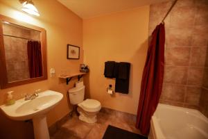 a bathroom with a sink and a toilet and a shower at Auberge Kicking Horse Guest House in Golden