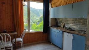 eine Küche mit blauen Schränken, einem Tisch und einem Fenster in der Unterkunft Borjomi Nest in Bordschomi