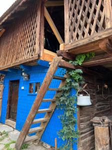 a blue house with a wooden staircase leading up to it at Casa de vacanta traditionala romaneasca in Schiuleşti