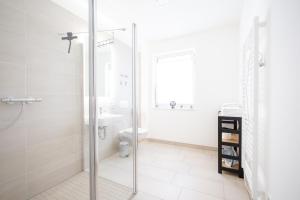 een badkamer met een douche, een toilet en een wastafel bij Ko-Living - Captain's Suite - Altstadt - mit Küche, Smart TV & Balkon - 6P in Halle an der Saale