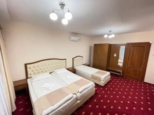 1 dormitorio con 2 camas y alfombra roja en Hostel Paltinis, en Hunedoara