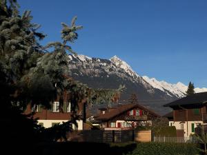 ein Berg in der Ferne mit einem Haus und Bäumen in der Unterkunft Ferienwohnung Interlaken/Wilderswil in Wilderswil