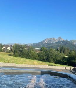 un bassin d'eau avec des montagnes en arrière-plan dans l'établissement Willa ANTONÓWKA, à Kościelisko