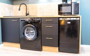 Il comprend une cuisine équipée d'un lave-linge et d'un four micro-ondes. dans l'établissement Le Cinq : Appartement Chic&Cosy, jardin privatif, à Vesoul