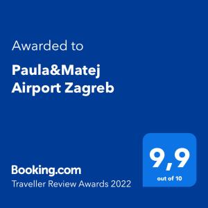 Certificate, award, sign, o iba pang document na naka-display sa Paula&Matej Airport Zagreb