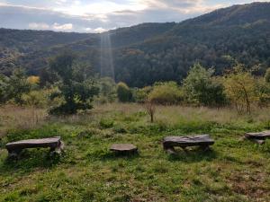 três bancos num campo com vista para uma montanha em Старата къща - Трявна em Tryavna