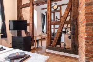 een kamer met een spiegel, een bed en een tv bij Ferienwohnung Venus in Quedlinburg