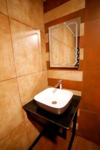 a bathroom with a white sink and a mirror at Chalets Resort Masinagudi in Ooty