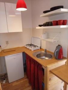 a kitchen with a sink and a stove at Cztery Pory Roku - Domek 