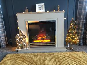 sala de estar con chimenea y árbol de Navidad en Mawgan Stays Mawgan Porth, en Newquay