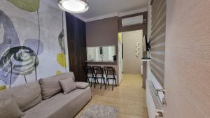 een woonkamer met een bank en een keuken bij Ancora apartment Anja in Novi Sad