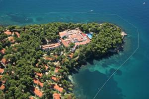 eine Luftansicht eines Hauses auf einer Insel im Wasser in der Unterkunft Apartments Galijot Plava Laguna in Poreč