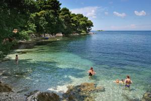 eine Gruppe von Menschen im Wasser an einem Strand in der Unterkunft Apartments Galijot Plava Laguna in Poreč