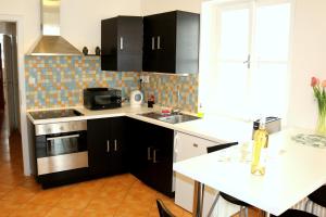 una cucina con armadi neri e lavandino di Betlem Prague Apartments a Praga