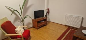 een woonkamer met een tv en een stoel en een tafel bij Smještaj Slavonija in Daruvar