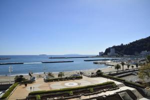 een uitzicht op een strand met palmbomen en het water bij Atami Seaside Spa & Resort in Atami