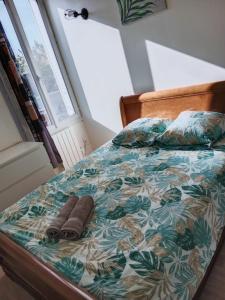 een bed met twee kussens en twee handdoeken erop bij SW Cosy Apart - Chambly Persan Roissy in Persan