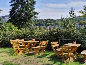 a group of wooden tables and chairs in the grass at Apartments Villa-Ratskopf Wernigerode in Wernigerode