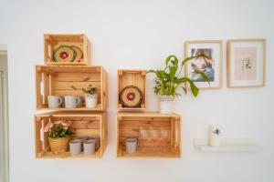 een groep houten planken met potten en planten erop bij Female Hostel in Faro