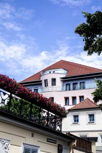 - un balcon avec des fleurs rouges dans l'établissement Altstadthotel Messerschmitt, à Bamberg