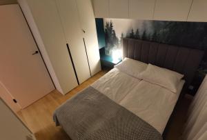 ein kleines Schlafzimmer mit einem Bett und einem Gemälde an der Wand in der Unterkunft LakeView in Lyck