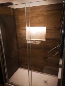 a shower with a glass door in a bathroom at Residence Petit Tibet in Breuil-Cervinia