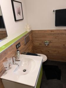 a bathroom with a white sink and a toilet at Ferienwohnung Kaufmann in Baiersbronn