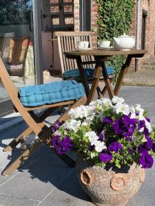 a vase filled with flowers sitting next to a table at Lovely 1-bedroom appartement Le Joyau with indoor pool and sauna in Lasne