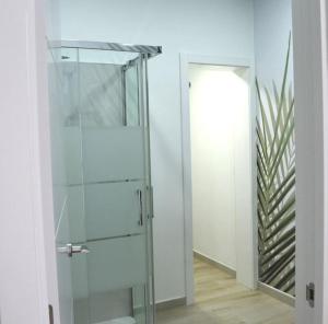 baño con cabina de ducha de cristal y espejo en Loft Sol y Luna en Las Palmas de Gran Canaria, en Las Palmas de Gran Canaria