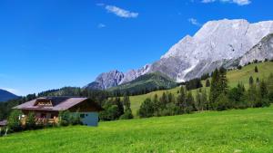 uma casa num campo verde com montanhas ao fundo em Gästehaus Gschwandtner em Mühlbach am Hochkönig