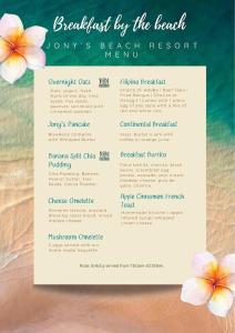 a menu for the beach at the beachside beach resort at Jony's Beach Resort in Boracay