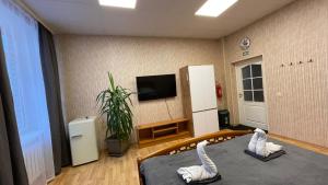 una camera con TV e letto con asciugamani di Central Hostel Jelgava a Jelgava