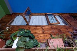 a building with two windows and some plants at Evdo Apartments Loft2 Wooden House in Gudauri