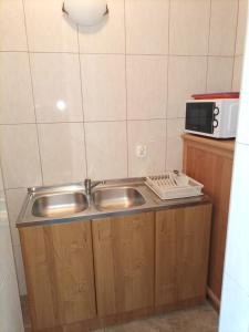 a kitchen with a sink and a microwave at WynajemPokoi-StołówkaGerlachscŁętowskiWłŁętowskaM ŁętowskaL Łętowska-HyłaB in Białka Tatrzanska