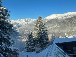 Cette maison offre une vue sur une montagne enneigée. dans l'établissement Apartment Gran Baita Sauze d'Oulx, à Sauze dʼOulx