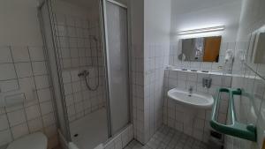 a bathroom with a shower and a sink at Garni-Pension Andrä in Schierke