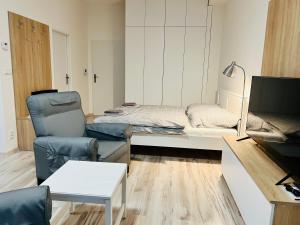 uma sala de estar com uma cama e uma cadeira em Apartmán Liptov NP9 em Liptovský Mikuláš