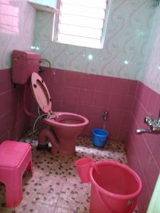 un bagno rosa con servizi igienici rosa e secchi di Ambai Guest House a Kolhapur