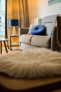 ein Wohnzimmer mit einem Sofa und einem blauen Kissen in der Unterkunft Maison de la mer in Blankenberge