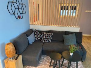 a living room with a couch and a table at Spring Inn Apartments in Meiringen