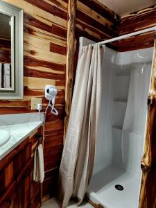 bagno con tenda per la doccia e lavandino di Log Cabin Inn a Eureka Springs