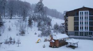 un edificio con la neve sul terreno di fronte ad esso di Hotel Apollon a Bakuriani