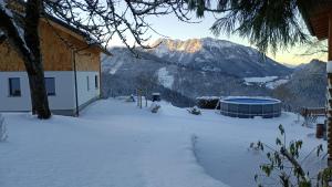 un cortile coperto da neve con un edificio e una montagna di Ferienhaus Oberschindlberg a Lunz am See