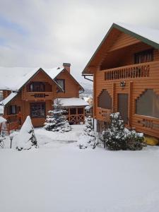 a log cabin with snow on the ground at Вілла Олекси in Skhidnitsa